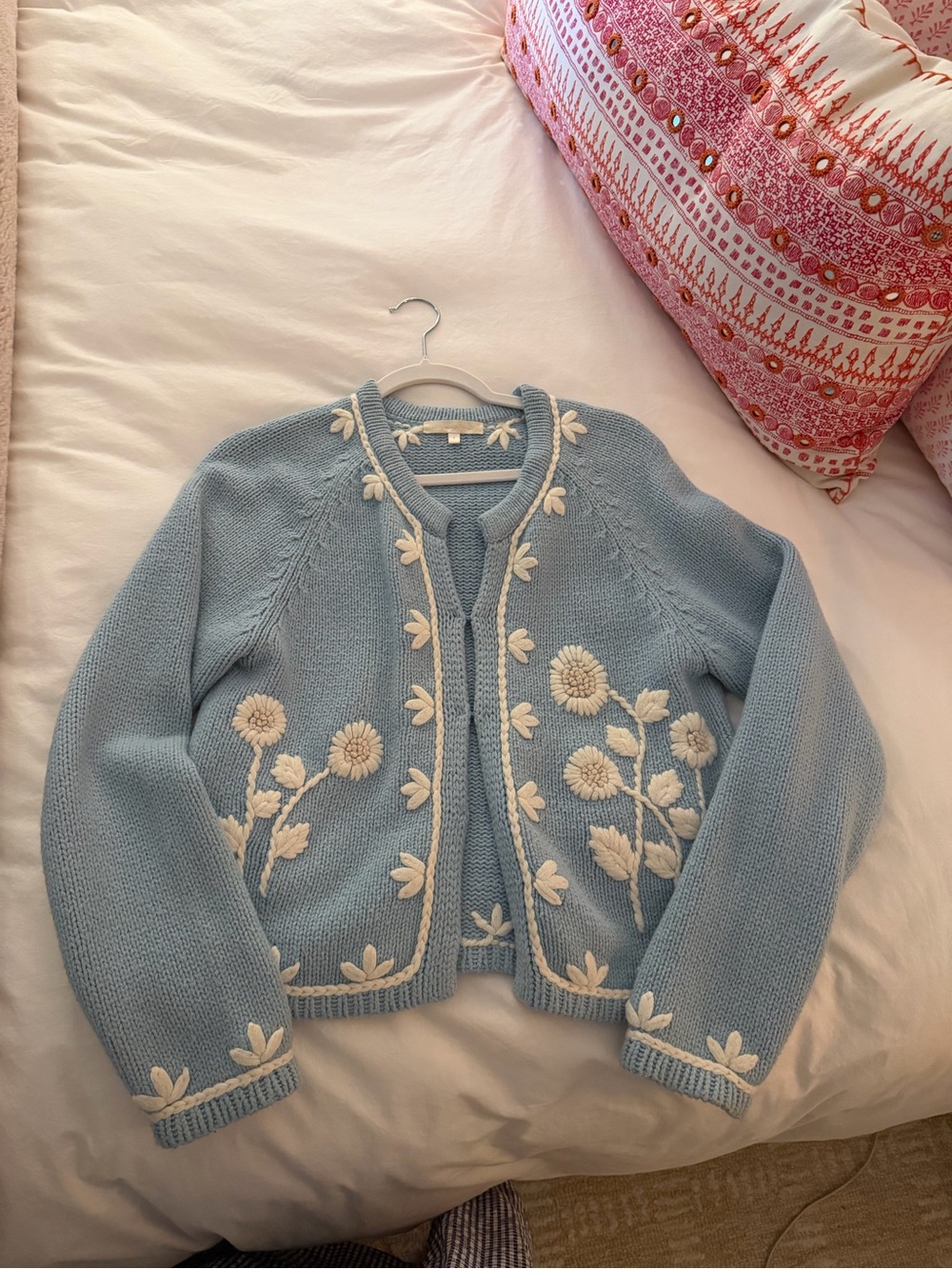 LoveShackFancy Powder Blue Cardigan with Cream Floral Embroidery